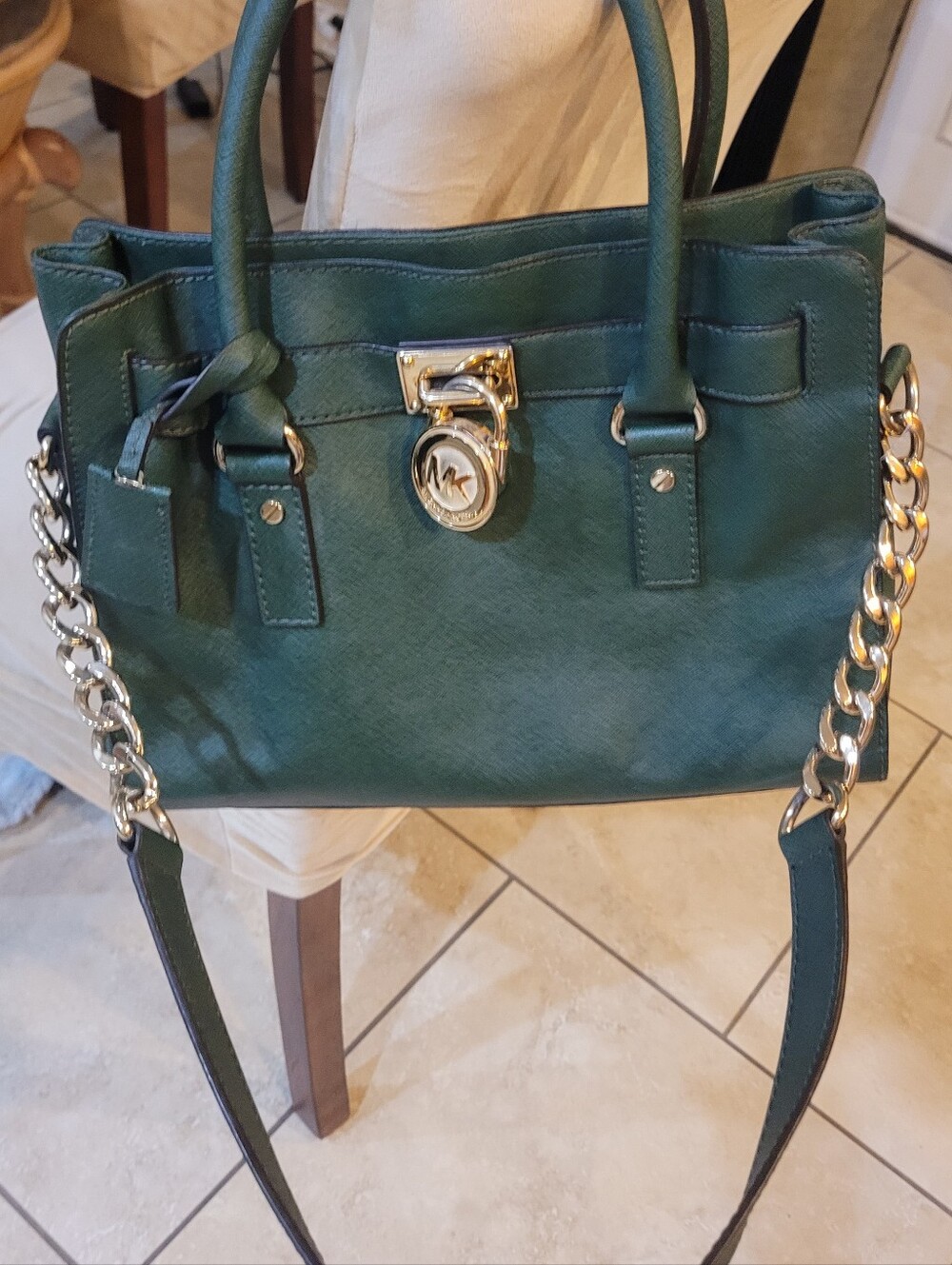 Michael Kors Dark Green Leather Tote with Gold Chain Strap